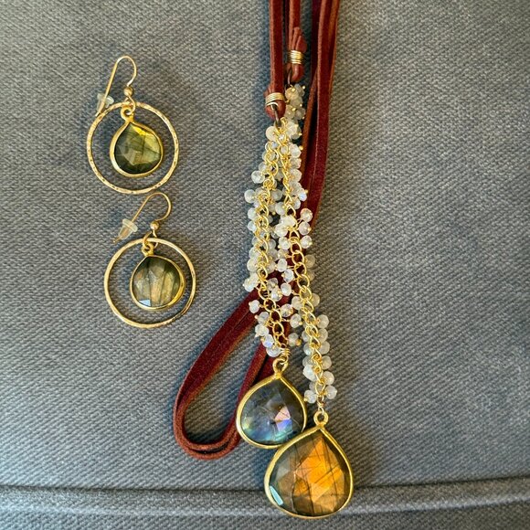 Boho Set: Leather moonstone labradorite lariat necklace 40" w/ drop earring NWOT - Picture 4 of 5